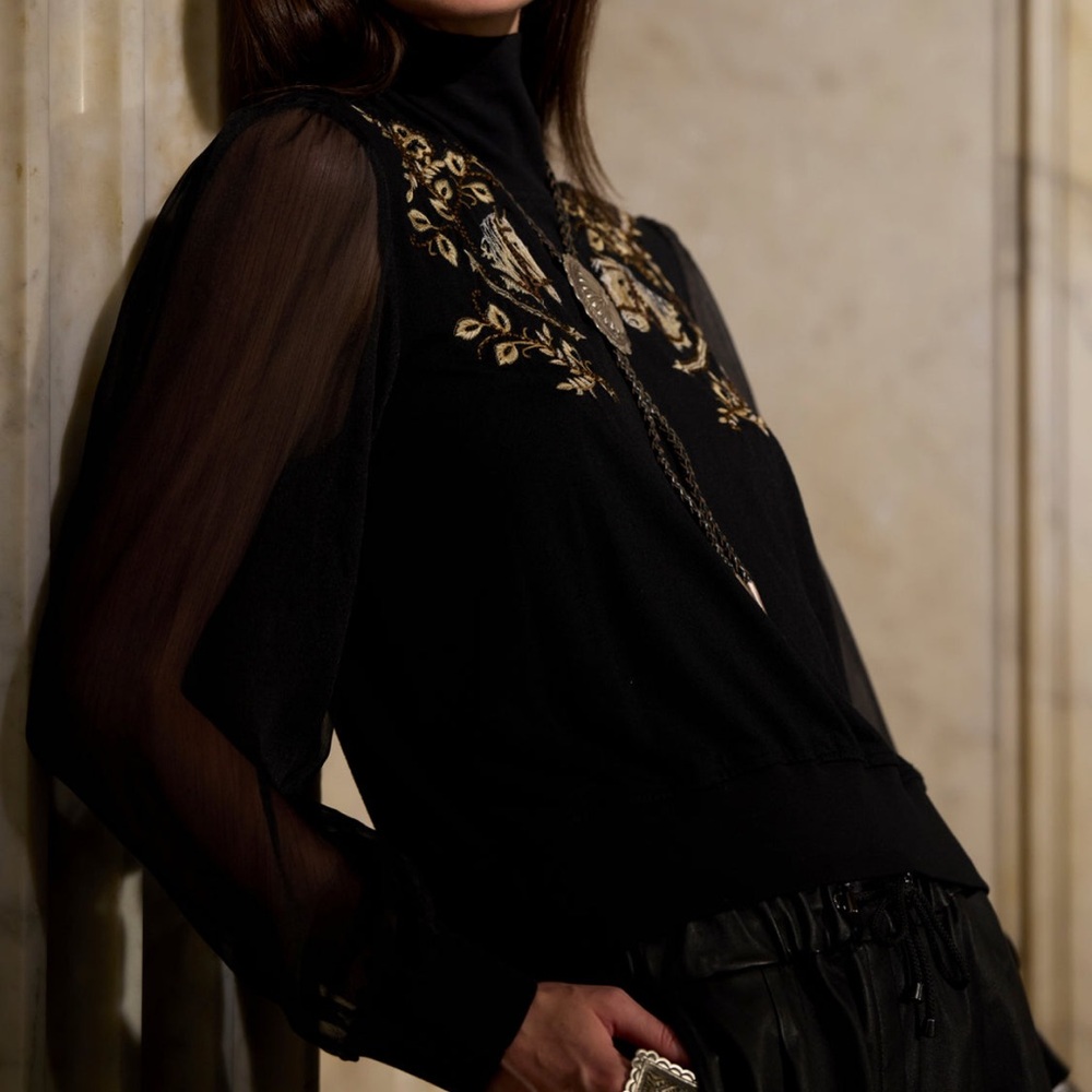Double D Ranch Black and Gold Embellished Mock Neck Blouse - Long Ride Top - Picture 10 of 13